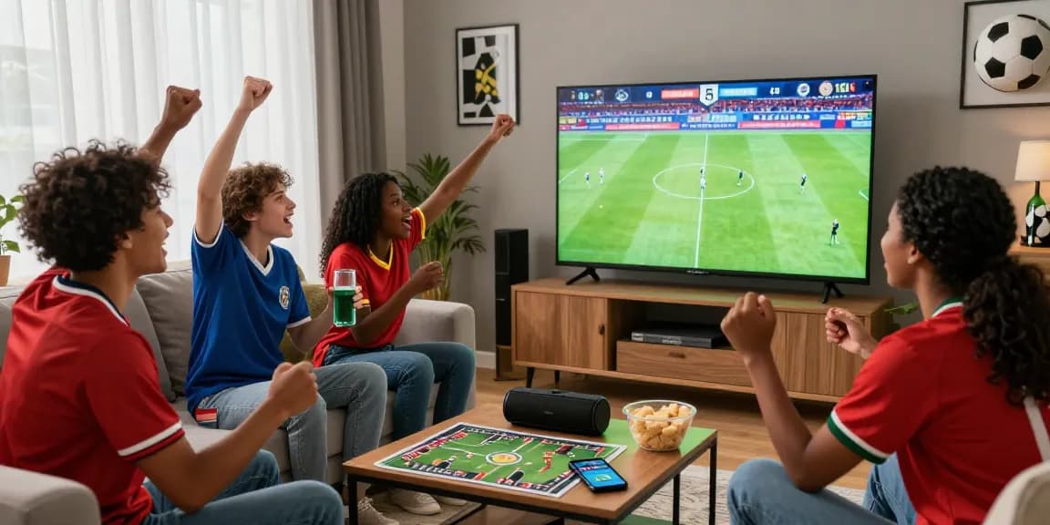 Excited friends watching a live football match on multicanais in a cozy living room with football decor and snacks.