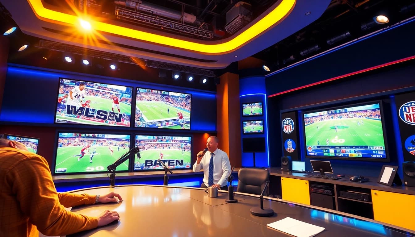 Engaging scene of sports broadcasting with live highlights and energetic atmosphere.