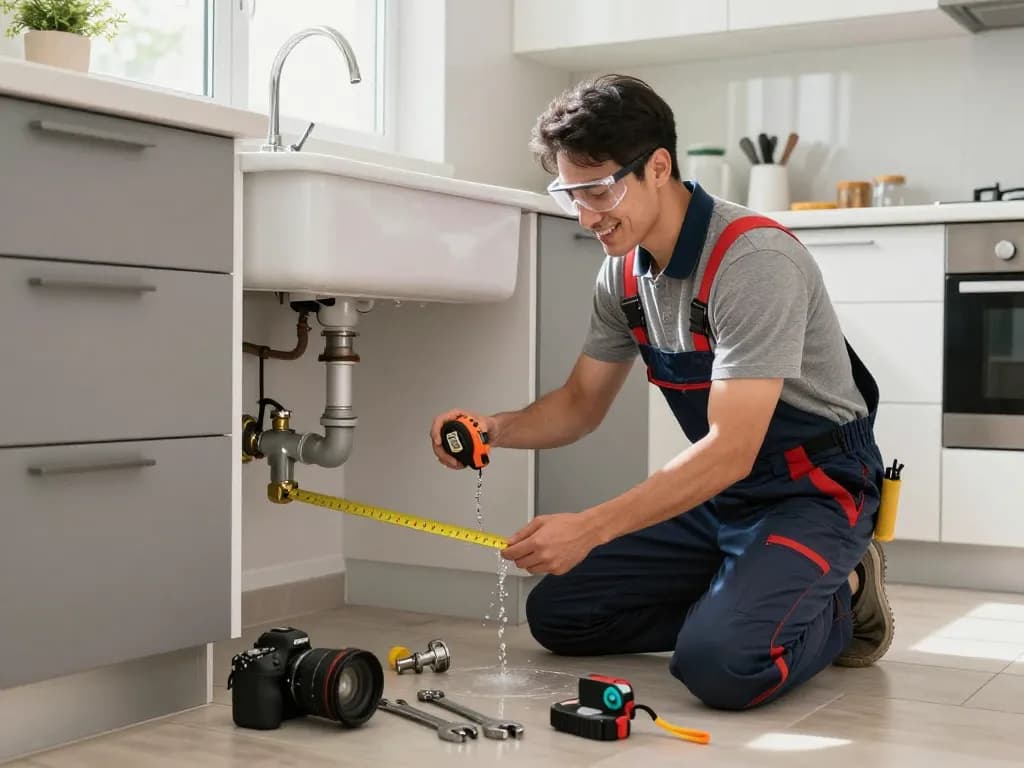 Professional plumber inspecting a kitchen sink during plumbing service, showcasing expertise and tools.