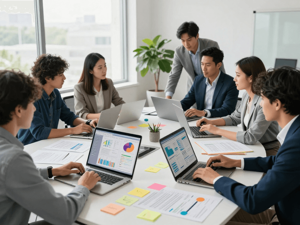 Ambiente profissional de marketing digital com equipe colaborando e analytics multicanais na mesa de conferência.
