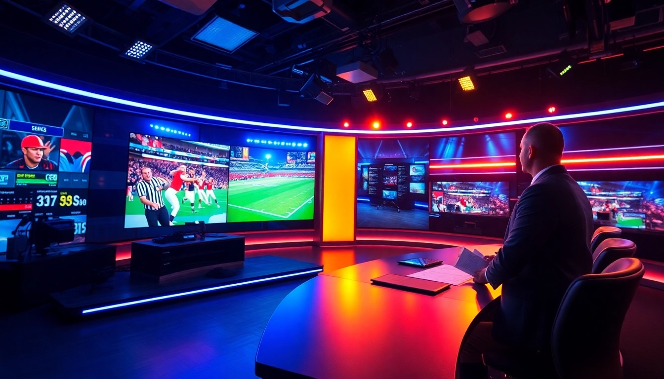 Sports Broadcasting studio with an analyst engaged in live coverage and vibrant visuals.