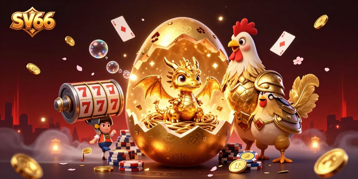 Witness the allure of SV66 with a golden dragon and poker chips amidst vibrant casino elements.