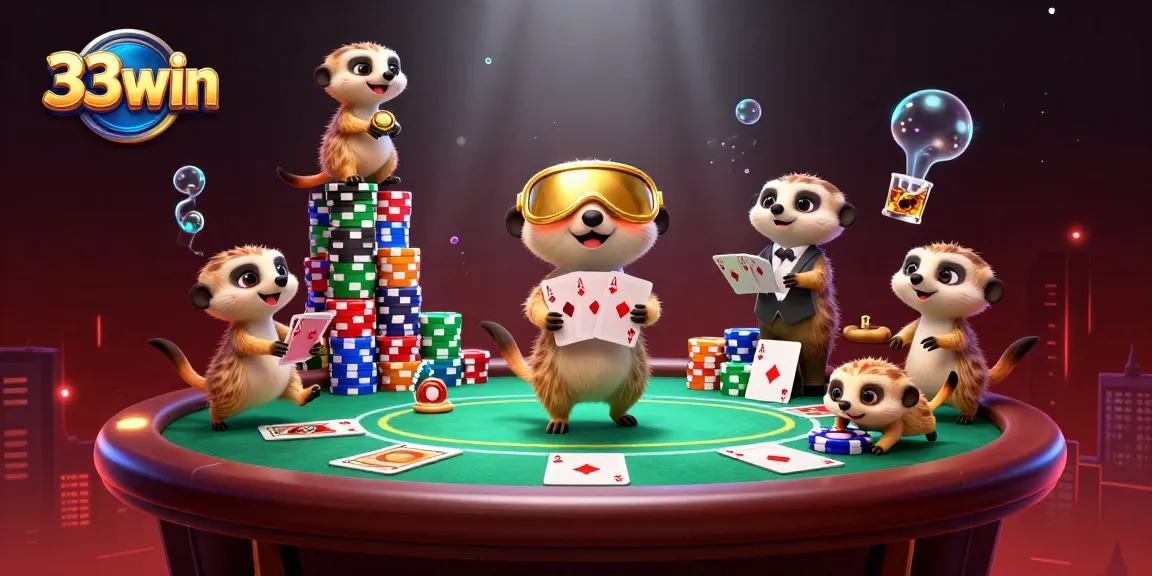 Players engaging in slots at 33win casino with colorful poker chips and cards