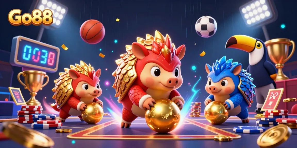 Go88 pangolins compete in a dynamic casino scene filled with sports elements and vibrant energy.