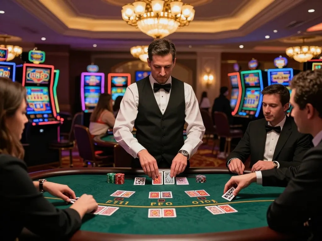 Players placing strategic bets at U888 blackjack table in a vibrant casino environment