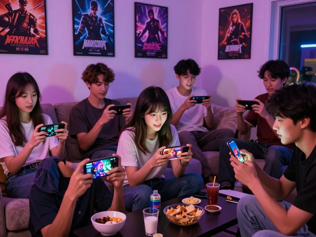 Enjoying mobile porn games in a cozy living room setting with friends.