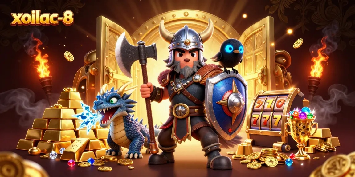 Xoilac-8 showcases an intense scene with a Viking wolf warrior, dragon, and treasures, highlighting slots excitement.