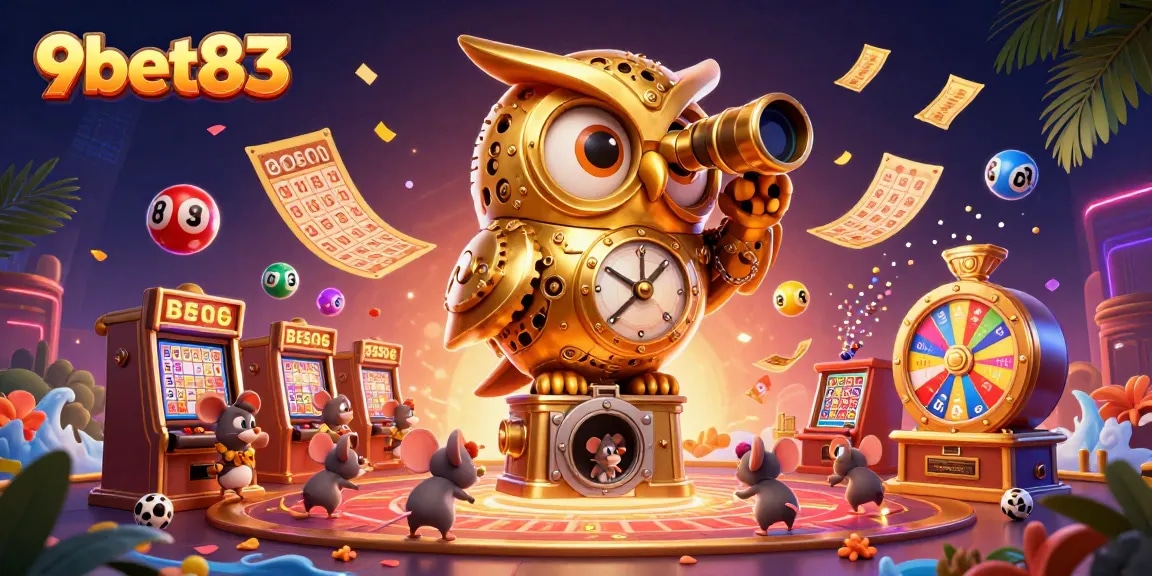 Engage with the thrilling atmosphere of 9bet83 showcasing a vivid cartoon casino scene.