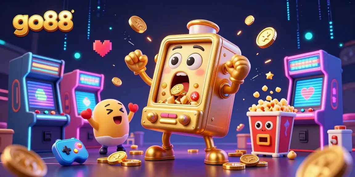 Experience the excitement of go88 with a golden slot machine enjoying a jackpot surrounded by cheering baby slots.