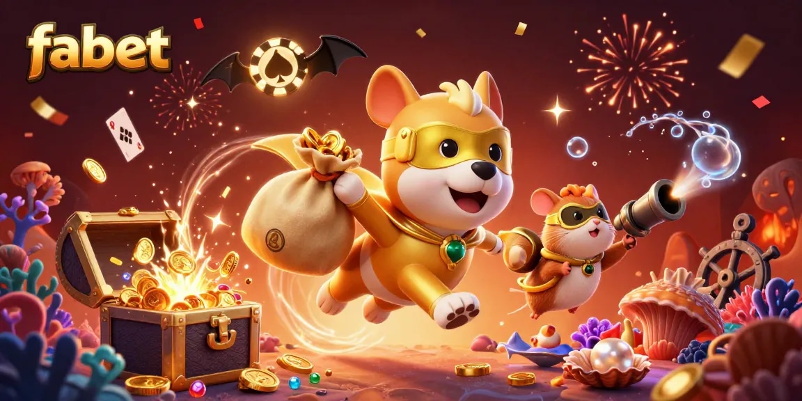 Experience thrilling gameplay with fabet, as a superhero dog collects gold coins amidst celebratory scenes.