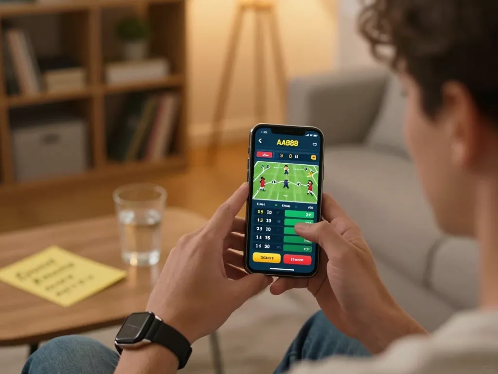 Player engaging with AA888 mobile betting app, showcasing strategic gameplay in a cozy home setting.