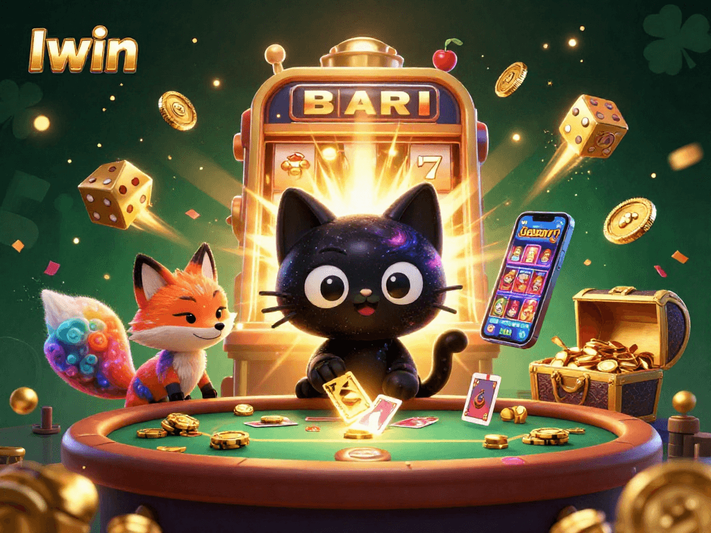 Iwin showcases a dynamic cosmic casino scene with a black hole cat and colorful elements.