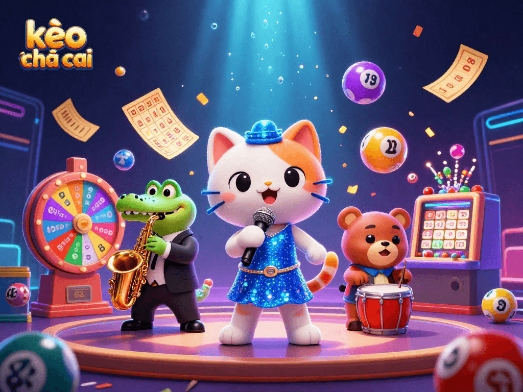 Engage with kèo nhà cái through a lively 3D scene showcasing casino-themed characters and vibrant gaming elements.