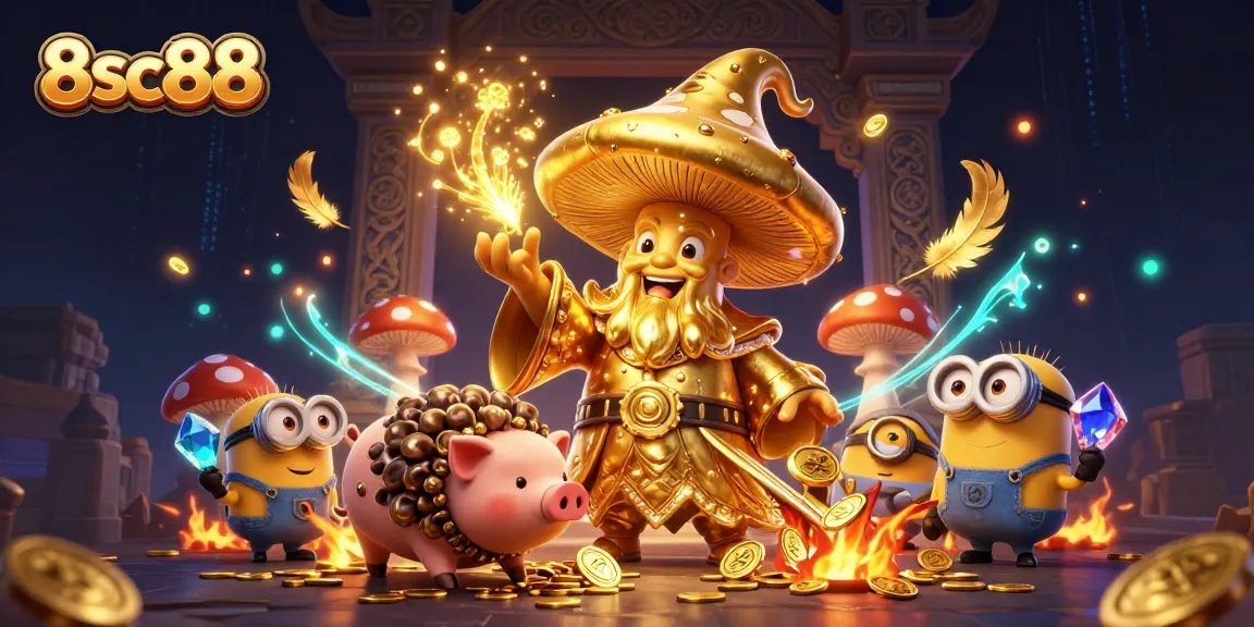 Experience the magic of 8sc88 as the golden wizard conjures treasure in a vibrant casino scene.