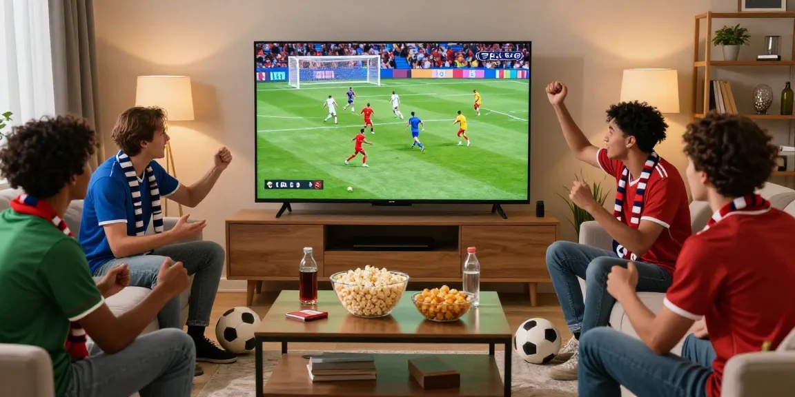 Nonton bola live in a lively living room with soccer fans cheering in HD quality.
