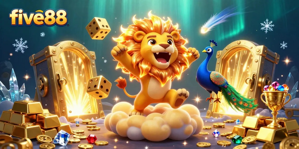 Experience the excitement of five88 as golden dice tumble and treasures sparkle in a vibrant casino scene.