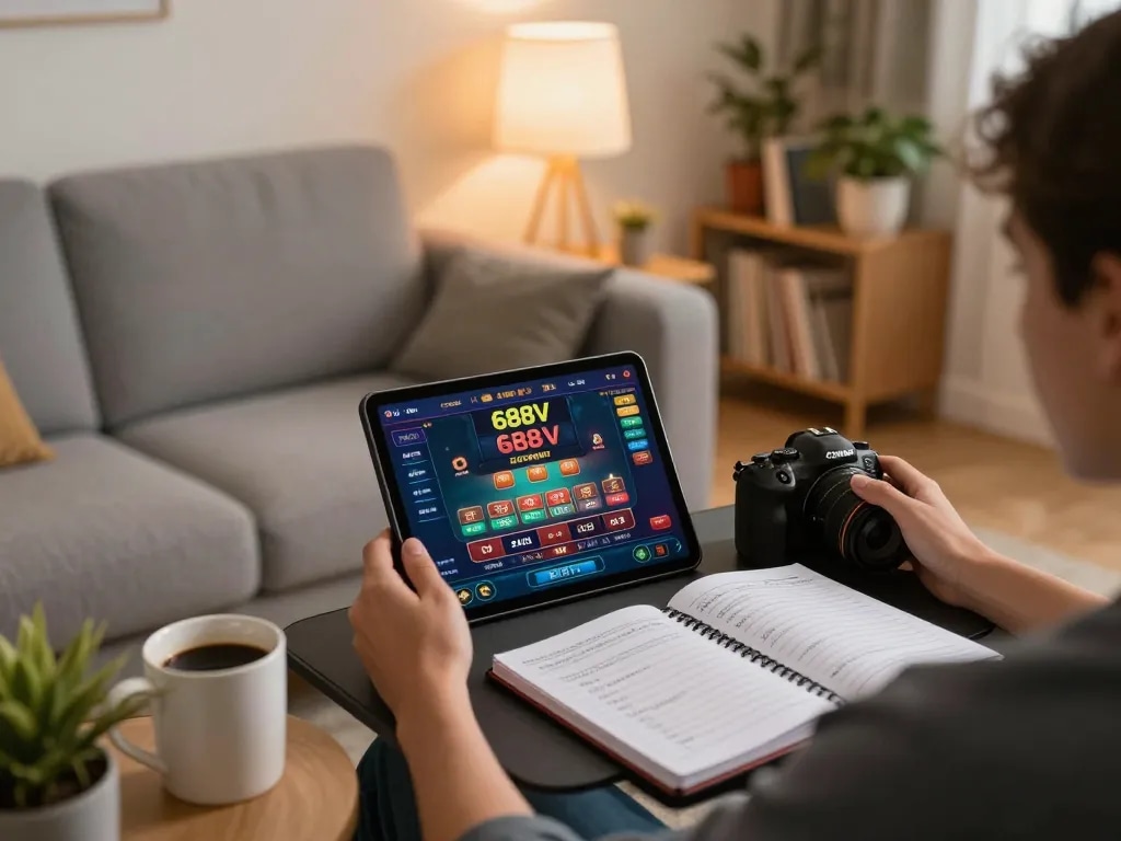 Engaging in online gameplay on 688V platform with cozy home atmosphere and thoughtful strategy.