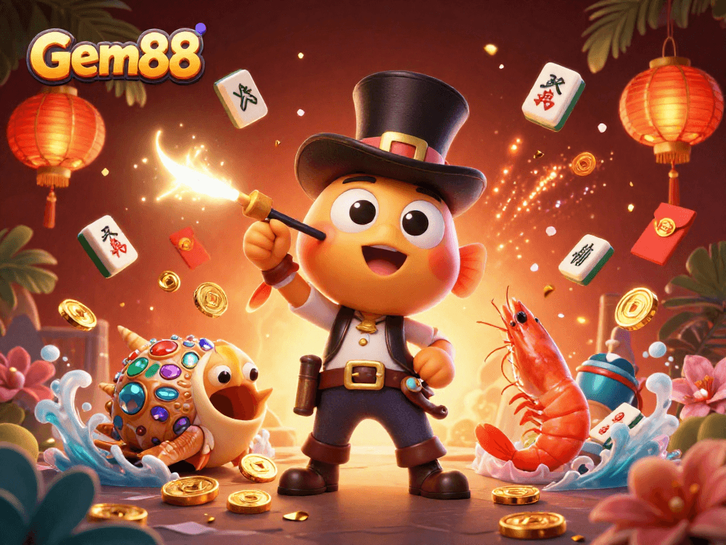 Experience the thrill of Gem88 with a vibrant sea-themed casino illustration featuring animated characters.
