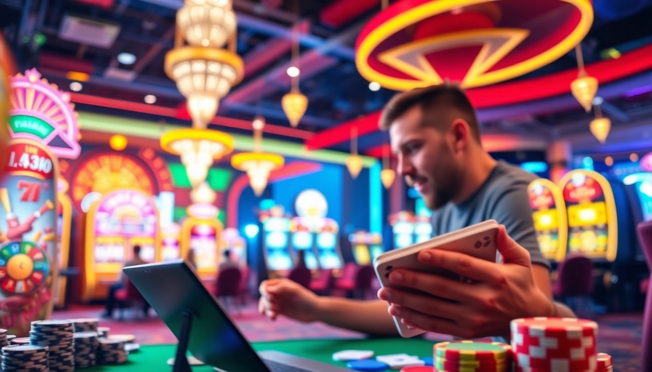 Joueur dans un casino en ligne sans wager avec des jetons et des cartes colorées.