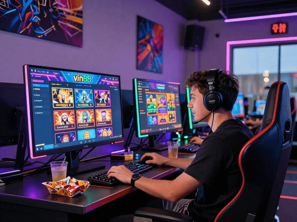 Players engaged in vin88 online casino games at a vibrant gaming desk filled with excitement.