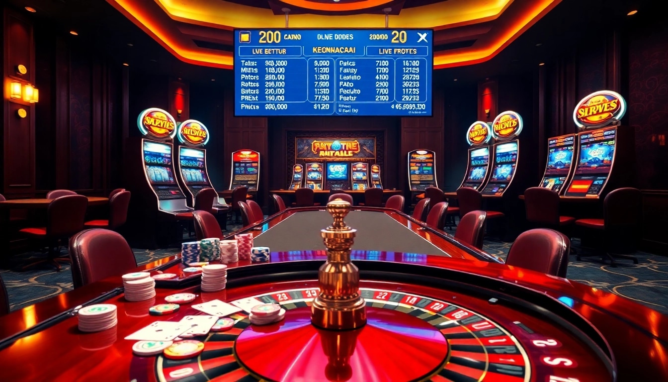 Engaging scene of KEONHACAI betting with elegant casino tables and vibrant slot machines
