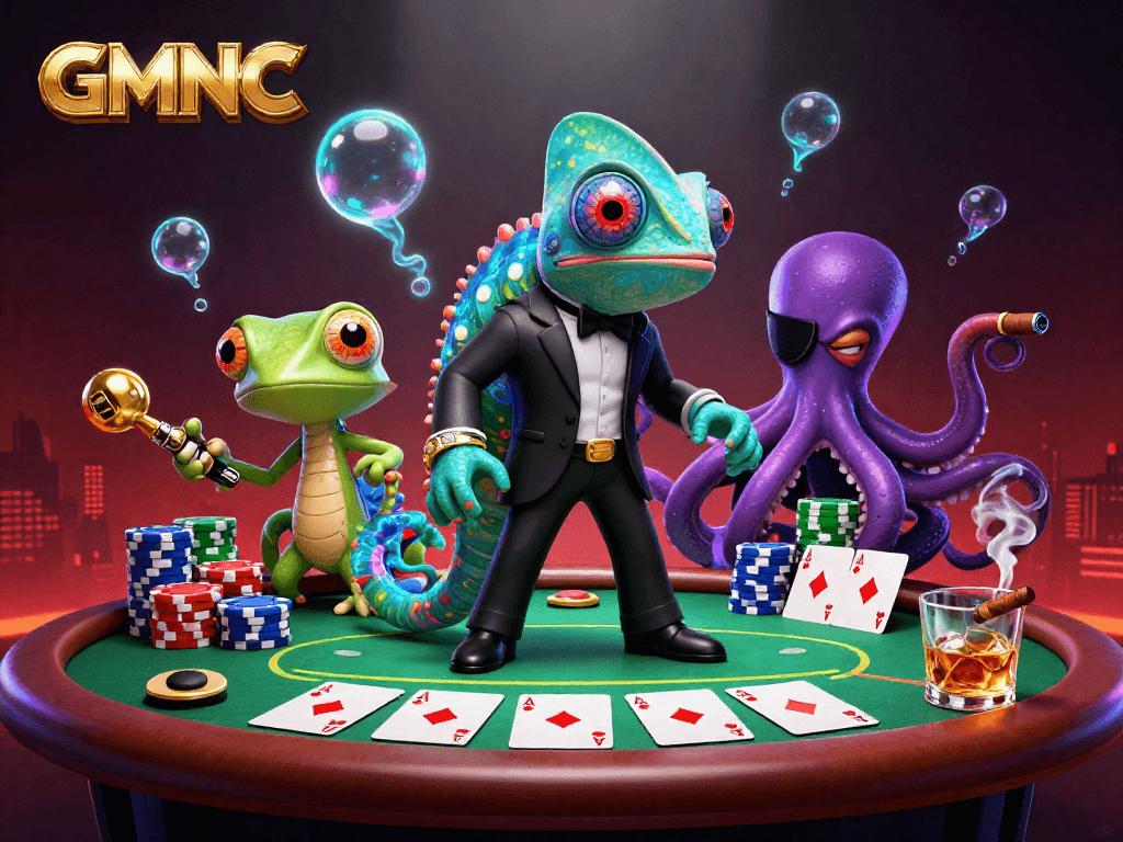 Play poker with the vibrant GMNC characters in a thrilling 3D casino scene.