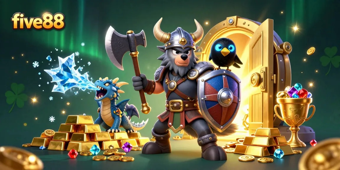 Experience thrilling action at five88 with a Viking warrior, dragon, and treasure in a vibrant casino scene.