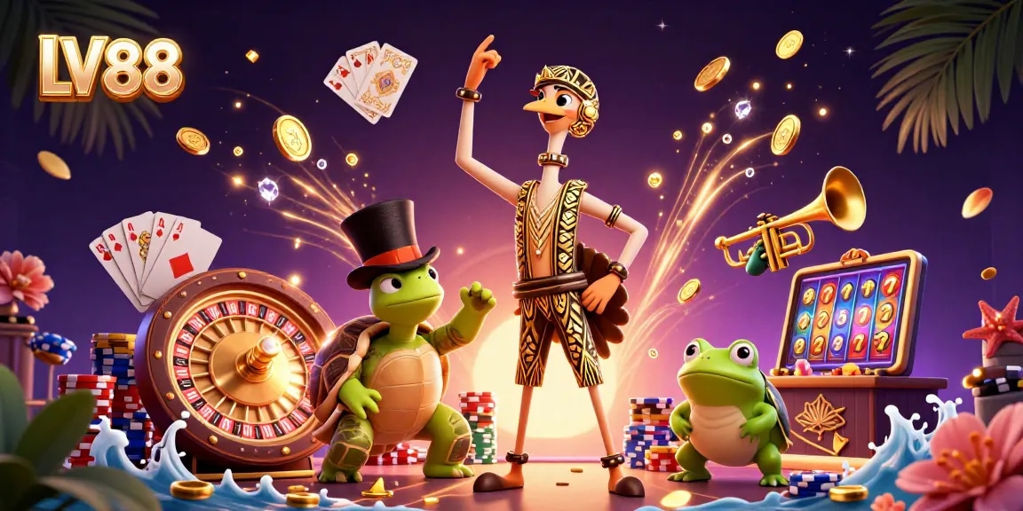 Experience the excitement of LV88 casino with vibrant characters and dynamic gaming elements in a fun environment.