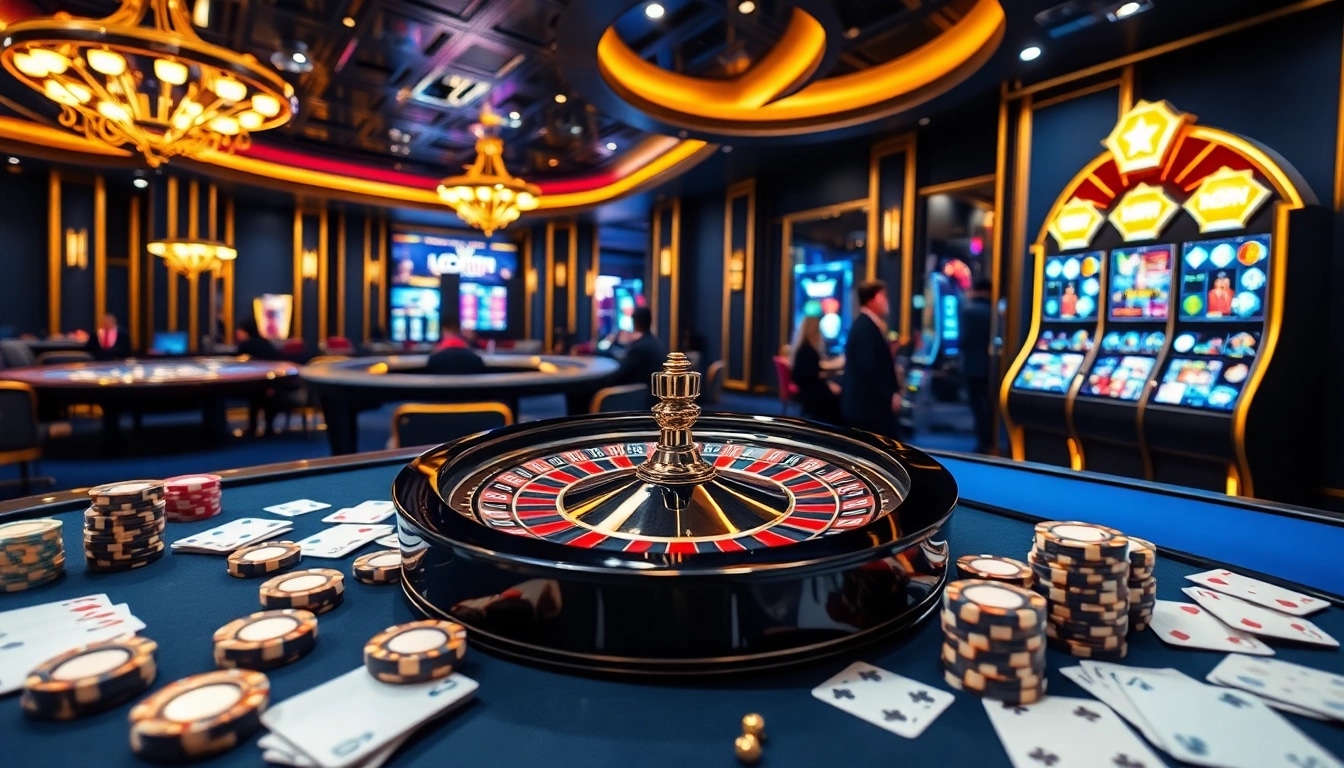 Engage in the thrilling world of lc 88 with vibrant gambling elements, featuring a glamorous roulette wheel and poker chips.