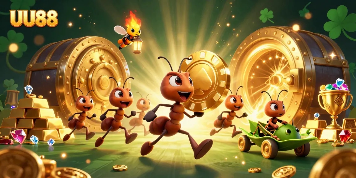 Experience the thrill at UU88 with a whimsical heist scene showcasing colorful gambling elements and characters.