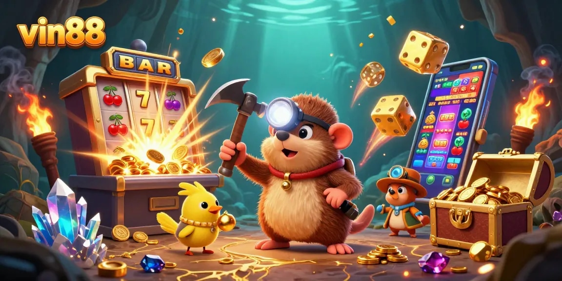 Experience winning thrills at vin88 with an animated treasure cave scene showcasing colorful casino elements.