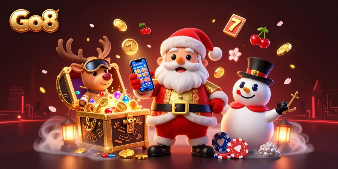 Go8 displays festive casino excitement with Santa, a reindeer, and a snowman surrounded by slot elements.
