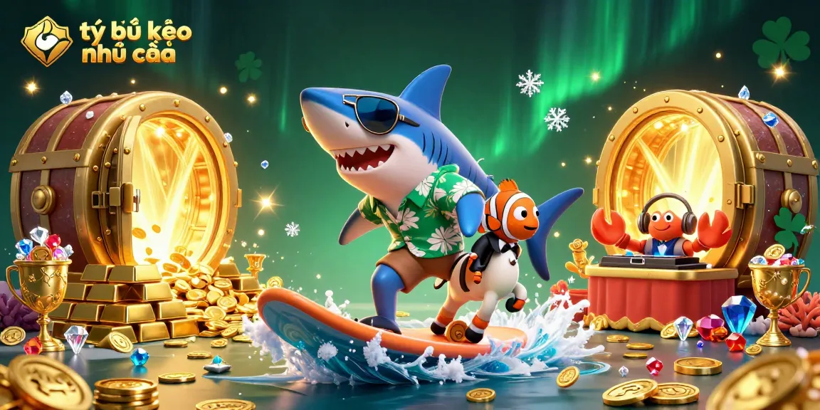 Surf the gold wave with tỷ lệ kèo nhà cái through a vibrant 3D casino scene full of treasures.