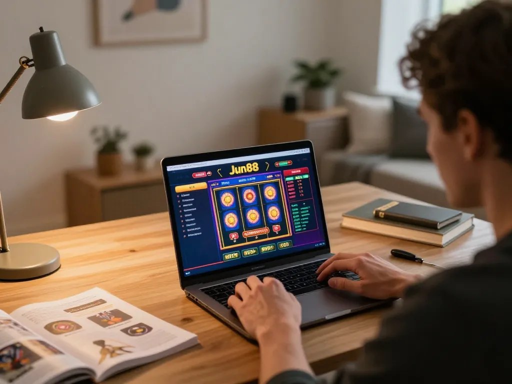 Player enjoying an exciting gaming session on Jun88 casino platform at home, showcasing a lively online gambling atmosphere