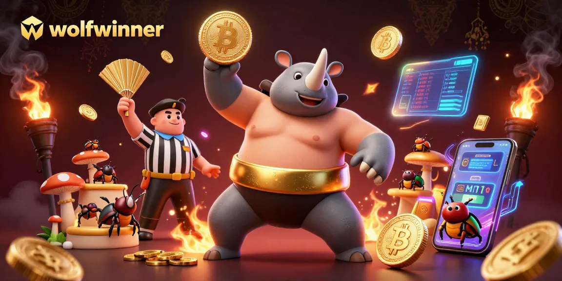 Wolfwinner showcases a thrilling 3D casino scene with a beetle sumo champion and dynamic crypto elements.