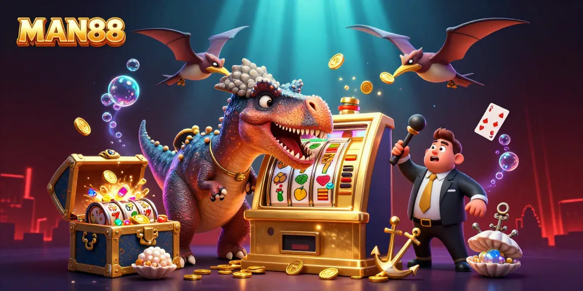 MAN88 slot machine action with dinosaur characters in dynamic casino atmosphere.