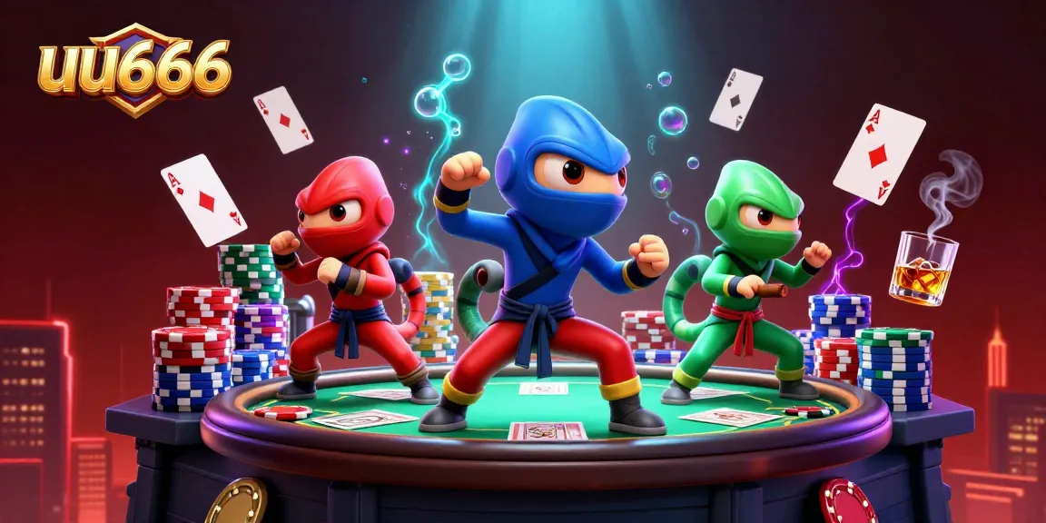Experience thrilling gameplay at uu666 with vibrant ninja chameleons amidst a festive poker scene.