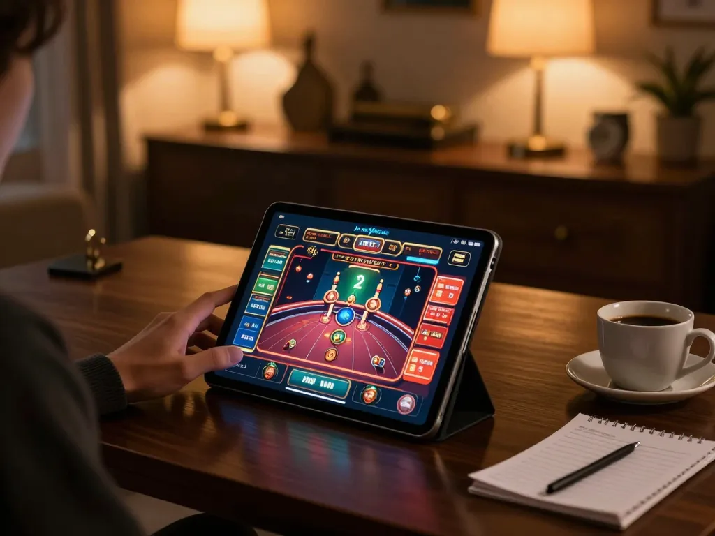 Engaging in thrilling online casino gaming at Jogoluck on a tablet, in a cozy home environment