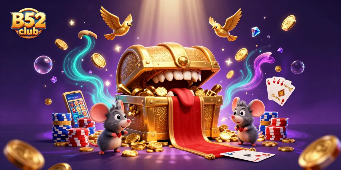Engage with thrilling games at B52 club, featuring a treasure chest and casino elements in a vibrant scene.