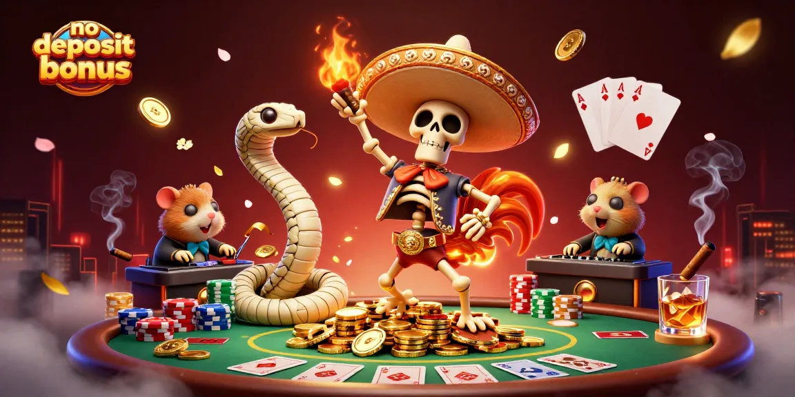 Experience the thrill of no deposit bonus offers in a vibrant, lively casino scene featuring colorful characters and poker elements.
