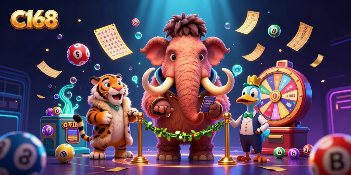 C168 entertains players with a vibrant casino scene featuring a woolly mammoth bouncer, saber-tooth VIP tiger, and dodo doorman.