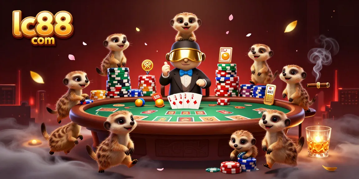 Experience the excitement of lc88 com with meerkats running an animated casino, featuring poker tables and colorful chips.