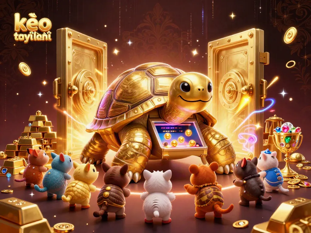 Engage with kèo trực tuyến featuring a whimsical scene of a golden tortoise pinball machine surrounded by treasures and eager players.