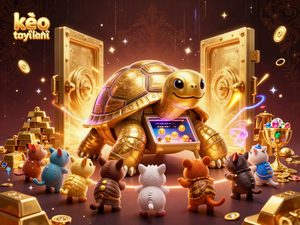 Engage with kèo trực tuyến featuring a whimsical scene of a golden tortoise pinball machine surrounded by treasures and eager players.