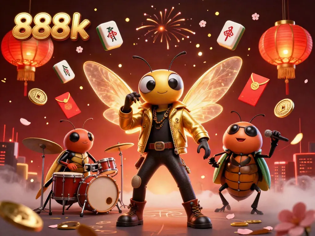Experience winning moments with 888k's vibrant casino-themed illustration featuring fun characters and dynamic elements.