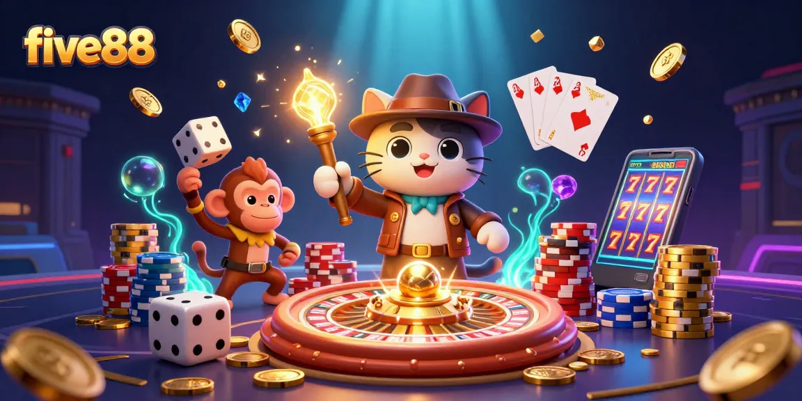 Engage with five88 in a thrilling casino adventure featuring spinning roulettes and sparkling treasures.