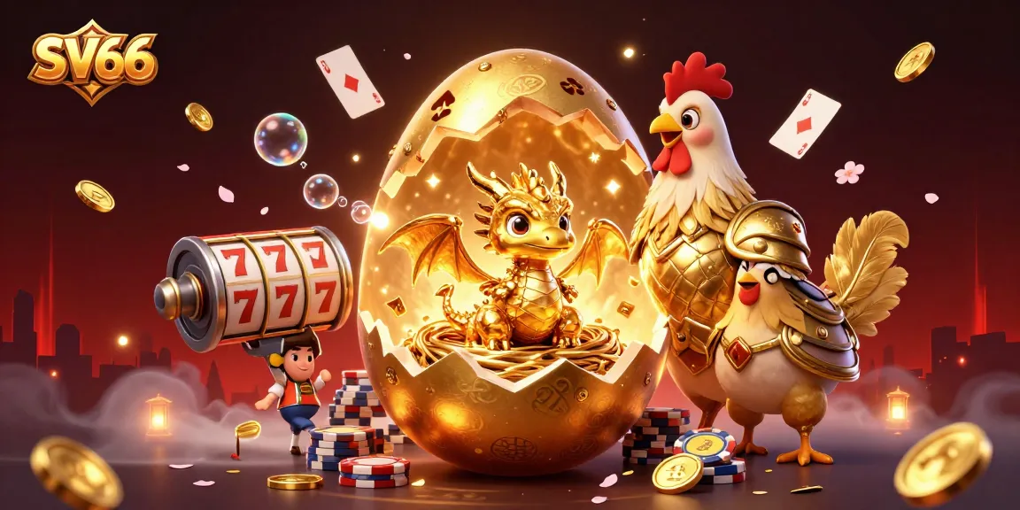 Witness the allure of SV66 with a golden dragon and poker chips amidst vibrant casino elements.