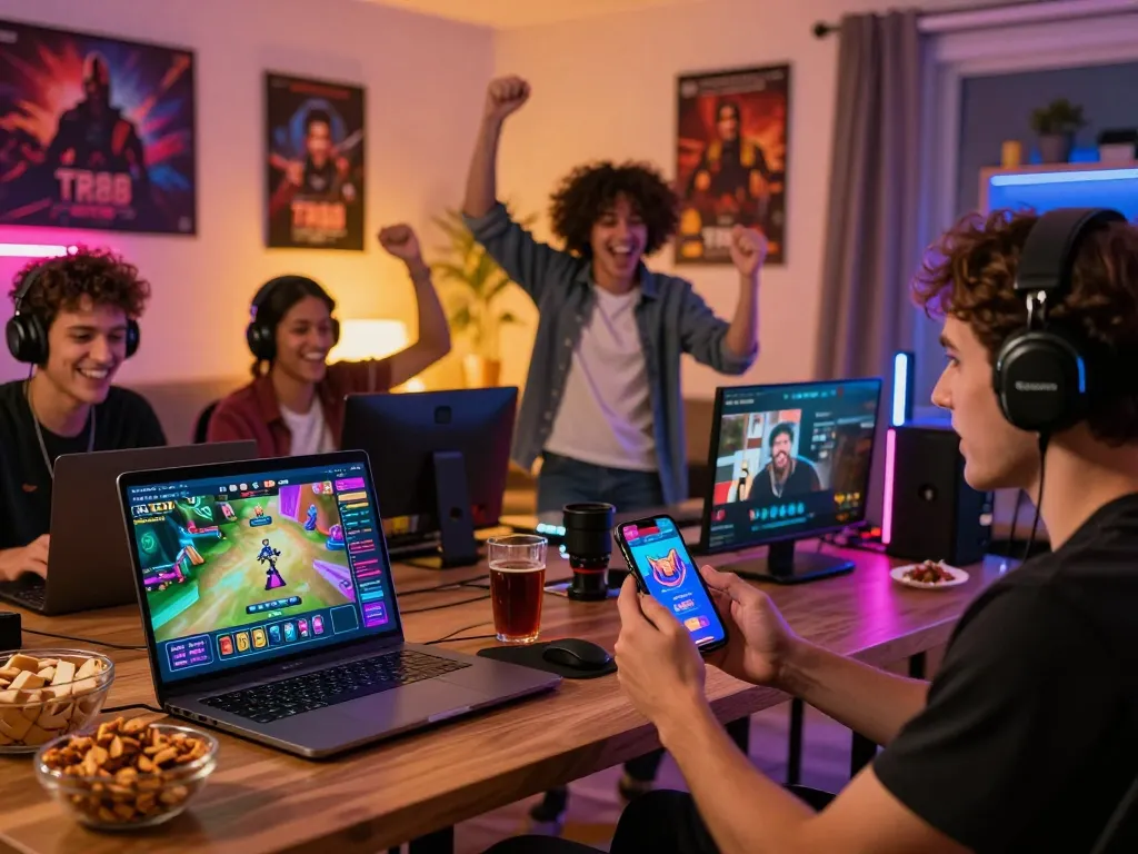 Exciting online gaming moment with gamers using TR88, celebrating wins in a vibrant, engaging home setup.