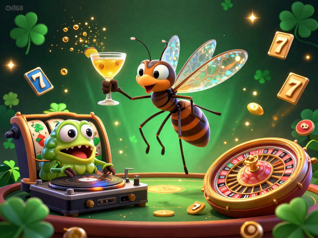 Experience thrilling gameplay with ON68's casino mascot in a vibrant 3D illustration featuring exciting slot reels and a unique roulette wheel.
