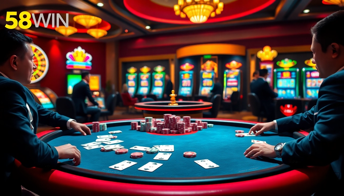 Experience the thrilling atmosphere of 58WIN with vibrant poker tables and slot machines.